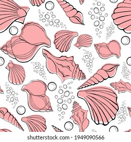 Modern flat outline sea shells, bubbles seamless pattern for fabric, textile, apparel, interior, stationery, wrapping paper, scrapbooking. Trendy marine endless texture. Exotic ocean shells contours