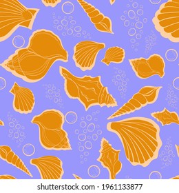 Modern flat outline sea shells, bubbles seamless pattern for fabric, textile, apparel, interior, stationery, wrapping paper, scrapbooking. Trendy marine endless texture. Exotic ocean shells contours