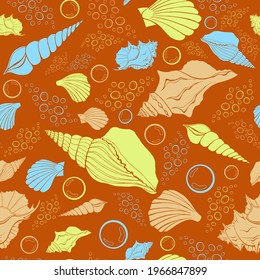 Modern flat outline sea shells, bubbles seamless pattern for fabric, textile, apparel, interior, stationery, wrapping paper, scrapbooking. Trendy marine endless texture. Exotic ocean shells contours.