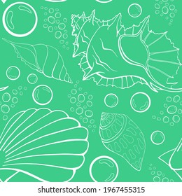 Modern flat outline sea shells, bubbles seamless pattern for fabric, textile, apparel, interior, stationery, wrapping paper, scrapbooking. Trendy marine endless texture. Exotic ocean shells contours
