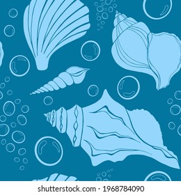 Modern flat outline sea shells, bubbles seamless pattern for fabric, textile, apparel, interior, stationery, wrapping paper, scrapbooking. Trendy marine endless texture. Exotic ocean shells contours.