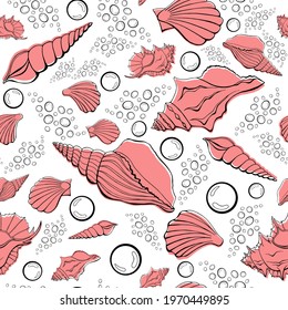 Modern flat outline sea shells, bubbles seamless pattern for fabric, textile, apparel, interior, stationery, wrapping paper, scrapbooking. Trendy marine endless texture. Exotic ocean shells contours.