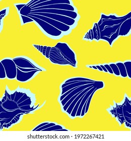 Modern flat outline sea shells, bubbles seamless pattern for fabric, textile, apparel, interior, stationery, wrapping paper, scrapbooking. Trendy marine endless texture. Exotic ocean shells contours.