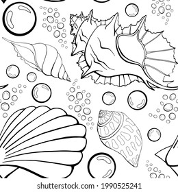 Moderne flache Umrissschalen, Bläschen nahtlose Muster für Gewebe, Textilien, Bekleidung, Innenausstattung, Schreibwaren, Packpapier, Scrapbooking. Trendy marine endlose Textur. Exotische Muschelkonturen