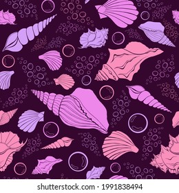 Moderne flache Umrissschalen, Bläschen nahtlose Muster für Gewebe, Textilien, Bekleidung, Innenausstattung, Schreibwaren, Packpapier, Scrapbooking. Trendy marine endlose Textur. Exotische Ozeanschalen bilden Konturen.