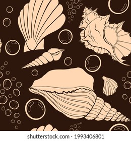 Moderne flache Umrissschalen, Bläschen nahtlose Muster für Gewebe, Textilien, Bekleidung, Innenausstattung, Schreibwaren, Packpapier, Scrapbooking. Trendy marine endlose Textur. Exotische Muschelkonturen