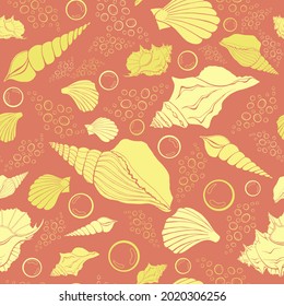 Modern flat outline sea shells, bubbles seamless pattern for fabric, textile, apparel, interior, stationery, wrapping paper, scrapbooking. Trendy marine endless texture. Exotic ocean shells contours.