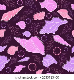 Modern flat outline sea shells, bubbles seamless pattern for fabric, textile, apparel, interior, stationery, wrapping paper, scrapbooking. Trendy marine endless texture. Exotic ocean shells contours.