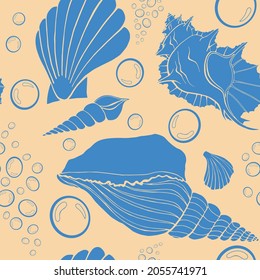 Moderne flache Umrissschalen, Bläschen nahtlose Muster für Gewebe, Textilien, Bekleidung, Innenausstattung, Schreibwaren, Packpapier, Scrapbooking. Trendy marine endlose Textur. Exotische Muschelkonturen