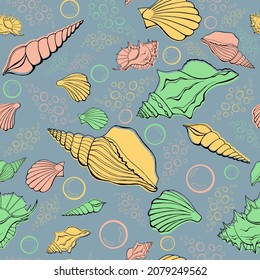 Moderne flache Umrissschalen, Bläschen nahtlose Muster für Gewebe, Textilien, Bekleidung, Innenausstattung, Schreibwaren, Packpapier, Scrapbooking. Trendy marine endlose Textur. Exotische Ozeanschalen bilden Konturen.