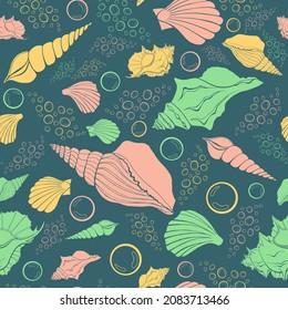 Modern flat outline sea shells, bubbles seamless pattern for fabric, textile, apparel, interior, stationery, wrapping paper, scrapbooking. Trendy marine endless texture. Exotic ocean shells contours.