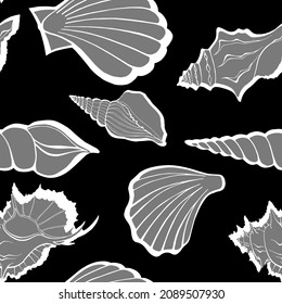 Modern flat outline sea shells, bubbles seamless pattern for fabric, textile, apparel, interior, stationery, wrapping paper, scrapbooking. Trendy marine endless texture. Exotic ocean shells contours.