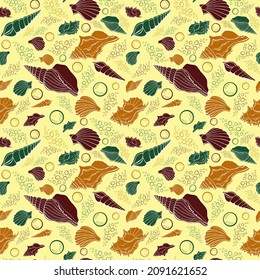 Moderne flache Umrissschalen, Bläschen nahtlose Muster für Gewebe, Textilien, Bekleidung, Innenausstattung, Schreibwaren, Packpapier, Scrapbooking. Trendy marine endlose Textur. Exotische Ozeanschalen bilden Konturen.