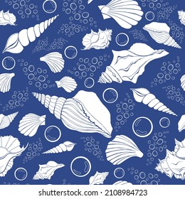 Moderne flache Umrissschalen, Bläschen nahtlose Muster für Gewebe, Textilien, Bekleidung, Innenausstattung, Schreibwaren, Packpapier, Scrapbooking. Trendy marine endlose Textur. Exotische Ozeanschalen bilden Konturen.