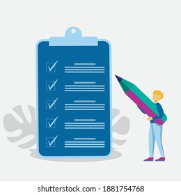 modern flat people character. boy carrying large pencils, boy checking learning activities ideal for websites, landing pages, UI, mobile applications, posters, banners. 
