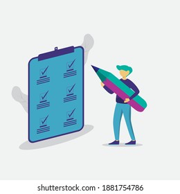 modern flat people character. boy carrying large pencils, boy checking learning activities ideal for websites, landing pages, UI, mobile applications, posters, banners. 
