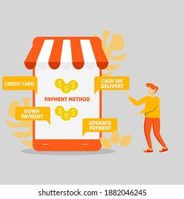 modern flat people character. people choose a payment method when shopping online. Mobile online shopping.. ideal for websites, landing pages, UI, mobile applications, posters, banners. 