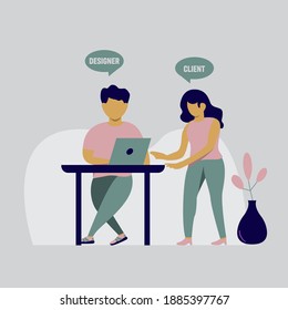 modern flat people character. The client asks the designer for a design revision,  choose a design concept. ideal for websites, landing pages, UI, mobile applications, posters, banners.