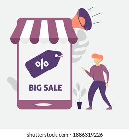 modern flat people character. Discount of goods concept in flat style. Buyers see discount big sales in e commerce. special offer and retail advertising ideal for websites, landing pages, UI, mobile.