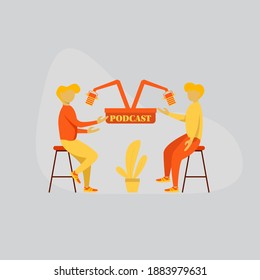 modern flat people character. People making podcast in radio studio, Podcasting, broadcasting, online radio concept. ideal for websites, landing pages, UI, mobile applications, posters, banners. 
