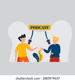 modern flat people character. People making podcast in radio studio, Podcasting, broadcasting, online radio concept. ideal for websites, landing pages, UI, mobile applications, posters, banners. 