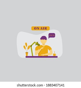 modern flat people character. man Broadcasting On Modern Radio Station Studio, broadcasting, online radio concept. ideal for websites, landing pages, UI,  posters, banners