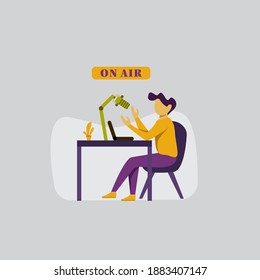 modern flat people character. man Broadcasting On Modern Radio Station Studio, broadcasting, online radio concept. ideal for websites, landing pages, UI,  posters, banners