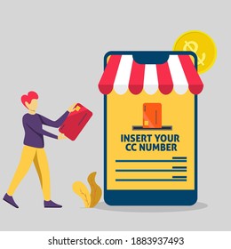 modern flat people character. a man making a payment by credit card, Mobile online shopping. Special offer, discount concept  ideal for websites, landing pages, UI, mobile applications, posters