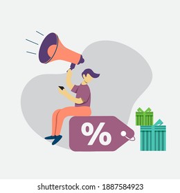 modern flat people character. a man promoting a discount item. promotion concept. ideal for websites, landing pages, UI, mobile applications, posters, banners. 