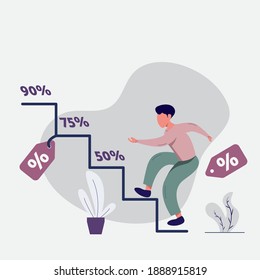 modern flat people character. the man is trying to climb the stairs for a discount. ideal for websites, landing pages, UI, mobile applications, posters, banners. 