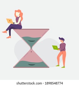 modern flat people character. people are standing and sitting beside the huge sand glass, worktime concept. ideal for websites, landing pages, UI, mobile applications, posters, banners.