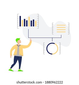 carácter moderno y plano de la gente. los hombres jóvenes están informando de estadísticas, diagramas de estadísticas de gestión de ventas. ideal para sitios web, páginas de inicio, interfaz de usuario, aplicaciones móviles, afiches, banners.
