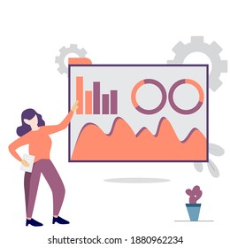 modern flat people character. Young women are reporting statistics. diagrams of sales management statistics. ideal for websites, landing pages, UI, mobile applications, posters, banners.