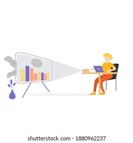 carácter moderno y plano de la gente. un joven que presenta los datos en un proyector. ideal para sitios web, páginas de inicio, interfaz de usuario, aplicaciones móviles, afiches, banners.