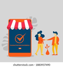 modern flat people character. young woman and man are doing transactions, Mobile online shopping. Special offer, discount concept  ideal for websites, landing pages, UI, mobile applications, posters