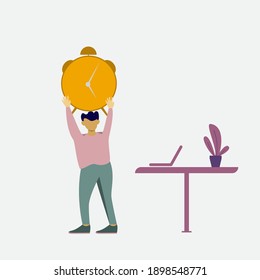 carácter moderno y plano de la gente. un joven sosteniendo el reloj, ilustración del concepto de tiempo de trabajo. .ideal para sitios web, páginas de inicio, interfaz de usuario, aplicaciones móviles, afiches, banners.