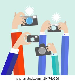 Modern flat photographers hands with devices take photo