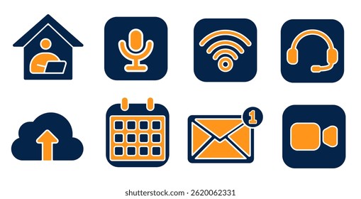 A modern flat pictogram icon collection themed around remote work, digital tools, and online communication. Includes work from home, microphone, WiFi, headset, cloud upload, calendar, email