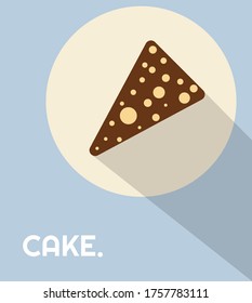 Modern flat piece of chocolate cake on plate illustration with pastel colors and shadow. Biscuit for morning or birthday with top view. Sweet bakery for holiday. Eps 10 vector