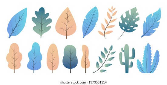 Modern flat plants, trees and bushes. Gradient colors. Vector illustration.