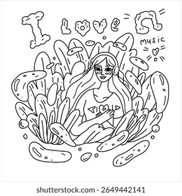 Modern flat portrait of a relaxed woman listening to music in sketch style. Surrounded by flowers and nature, the image conveys tranquility, emotion and summer peace.