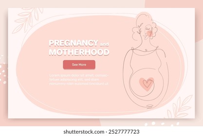 Modern flat pregnancy and motherhood banner. Cute pregnant woman endless line drawing. Landing page with text. Vector illustration.