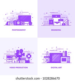 Modern Flat Purple Color Line Designed Concepts Icons For Photography, Branding, Video Production And Digital Art. Can Be Used For Web Project And Applications. Vector Illustration