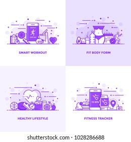 Modern Flat Purple color line designed concepts icons for Smart Workout, Fit Body Form, Healthy Lifestyle and Fitness Tracker. Can be used for Web Project and Applications. Vector Illustration