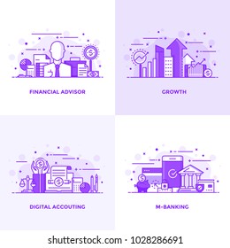 Modern Flat Purple color line designed concepts icons for Financial Advisor, Growth, Digital Accouting and M Banking. Can be used for Web Project and Applications. Vector Illustration