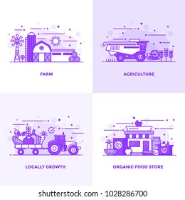 Modern Flat Purple color line designed concepts icons for Farm, Agriculture, Locally Growth and Organic Food Store. Can be used for Web Project and Applications. Vector Illustration