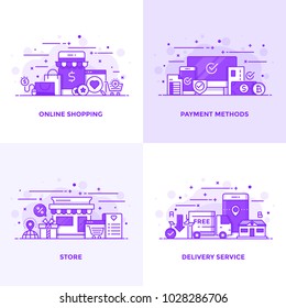 Modern Flat Purple color line designed concepts icons for Online Shopping, Payment Methods, Store and Delivery Service. Can be used for Web Project and Applications. Vector Illustration