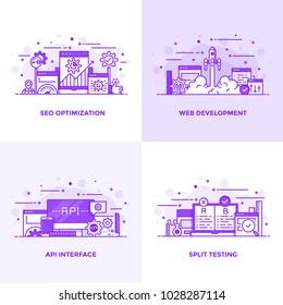 Modern Flat Purple color line designed concepts icons for Seo Optimization, Web Development, Api Interface and Split Testing. Can be used for Web Project and Applications. Vector Illustration