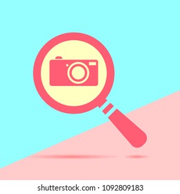 modern flat red flat magnifier search icon with photo camera with shadow on blue and pink pastel colored background