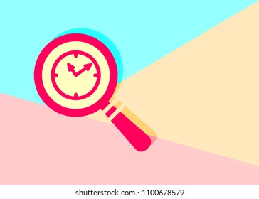 modern flat red flat magnifier search icon with clock with shadow on blue and pink pastel colored background